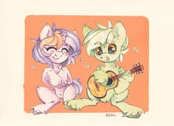 Size: 2560x1859 | Tagged: safe, artist:lilacclime, imported from derpibooru, oc, oc only, oc:energytone, oc:lilac clime, pegasus, pony, unicorn, couple, duo, duo male and female, female, guitar, horn, male, mare, musical instrument, romance, singing, stallion, traditional art, watermark