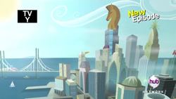 Size: 1280x720 | Tagged: safe, imported from derpibooru, screencap, rarity takes manehattan, city, cityscape, hub logo, logo, manehattan, my little pony, no pony, scenery, the hub, tv rating, tv-y