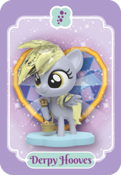 Size: 840x1206 | Tagged: safe, imported from derpibooru, derpy hooves, pegasus, pony, basket, female, food, kwistal fwenz, mare, merchandise, muffin, official, raised hoof, solo, spread wings, tail, that pony sure does love muffins, toy, wings