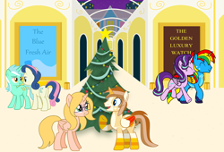 Size: 5369x3659 | Tagged: safe, artist:shieldwingarmorofgod, imported from derpibooru, bon bon, lyra heartstrings, starlight glimmer, sweetie drops, oc, oc:allie, oc:fidget, oc:shield wing, christmas, christmas shopping, christmas tree, female, holiday, lesbian, lyrabon, mall, shipping, tree