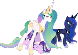 Size: 1169x833 | Tagged: safe, edit, edited screencap, editor:pascalmulokozi2, imported from derpibooru, screencap, princess celestia, princess luna, starlight glimmer, alicorn, unicorn, background removed, female, horn, not a vector, trio, trio female