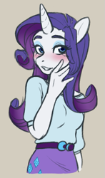 Size: 467x796 | Tagged: safe, artist:alruic, imported from derpibooru, rarity, anthro, unicorn, blushing, bust, clothes, equestria girls outfit, female, finger, hand, horn, i can't believe it's not chub-wub, portrait, simple background, smiling, solo