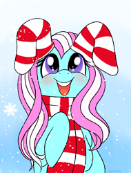 Size: 780x1025 | Tagged: safe, artist:therainbowtroll, imported from derpibooru, minty, pony, christmas, christmas stocking, clothes, female, g3, holiday, mare, open mouth, open smile, scarf, smiling, snow, socks, solo, that pony sure does love socks