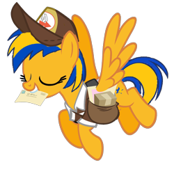 Size: 1748x1748 | Tagged: safe, artist:mlpfan3991, imported from derpibooru, oc, oc:flare spark, pegasus, bag, eyes closed, flying, hat, mail, mailbag, mailmare