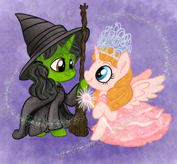 Size: 2356x2174 | Tagged: safe, artist:amynewblue, imported from derpibooru, pony, unicorn, black dress, blue eyes, brown eyes, clothes, crossover, crown, dress, elphaba, female, frilly dress, glinda the good witch, green pony, hat, horn, jewelry, movie reference, pink dress, pink pony, purple background, regalia, simple background, sparkles, the wizard of oz, wand, wicked, wicked witch of the west, witch, witch hat