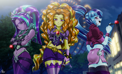 Size: 2606x1600 | Tagged: safe, alternate version, artist:mauroz, imported from derpibooru, adagio dazzle, aria blaze, sonata dusk, human, equestria girls, ass, bedroom eyes, belly, belly button, belly piercing, bellyring, breasts, busty adagio dazzle, busty aria blaze, butt, cleavage, clothes, corset, female, fishnet clothing, fishnets, glare, glowing, glowing eyes, lidded eyes, midriff, miniskirt, piercing, red eyes, remastered, skirt, socks, sonata donk, stockings, the dazzlings, thigh highs, unf, wide hips