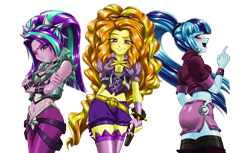 Size: 2606x1600 | Tagged: safe, alternate version, artist:mauroz, imported from derpibooru, adagio dazzle, aria blaze, sonata dusk, human, equestria girls, ass, bedroom eyes, belly, belly button, belly piercing, bellyring, breasts, busty adagio dazzle, busty aria blaze, butt, cleavage, clothes, corset, female, fishnet clothing, fishnets, glare, glowing, lidded eyes, midriff, miniskirt, piercing, red eyes, remastered, simple background, skirt, socks, sonata donk, stockings, the dazzlings, thigh highs, transparent background, unf, wide hips