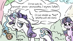 Size: 1200x675 | Tagged: safe, artist:pony-berserker, imported from derpibooru, rarity, twilight sparkle, alicorn, alcohol, alcoholism, drink, drinking, drunk bubbles, emanata, magic, mispronunciation, pony-berserker's twitter sketches, pony-berserker's twitter sketches (2024), procrastination, rarity being rarity, sad, telekinesis, tired, twilight sparkle (alicorn)