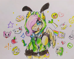 Size: 4096x3288 | Tagged: safe, artist:mirio_p2, imported from derpibooru, fluttershy, bear, pegasus, pony, :p, antonymph, apple, clothes, colored, creeper, creeper (minecraft), cutiemarks (and the things that bind us), donut, ear piercing, epic face, fluttgirshy, food, full color, gauges, gay pride flag, gir, gloomy bear, headphones, hello kitty, hoodie, invader zim, minecraft, ncs, one eye, onion, piercing, pride, pride flag, sanrio, solo, starry eyes, tongue out, traditional art, vylet pony, wingding eyes