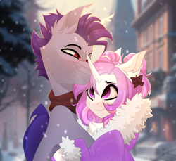 Size: 2834x2592 | Tagged: safe, artist:elektra-gertly, imported from derpibooru, oc, oc:dainty dove, oc:thunder run, cuddling, duo, human shoulders, winter