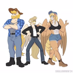 Size: 2048x2048 | Tagged: safe, artist:shallowwin, imported from derpibooru, oc, oc only, oc:chase, anthro, earth pony, pegasus, abs, anthro oc, clothes, commission, country, cousins, cowboy, cowboy hat, earth pony oc, farmer, female, hat, jacket, male, mare, muscles, muscular female, muscular male, pegasus oc, siblings, skinny, stallion, thin, wings