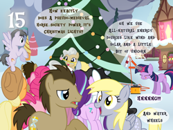 Size: 1440x1080 | Tagged: safe, artist:bronybyexception, imported from derpibooru, applejack, derpy hooves, doctor whooves, mercury, pinkie pie, rainbow swoop, spectrum, starlight glimmer, starry eyes (character), time turner, twilight sparkle, advent calendar, battery, christmas, christmas tree, holiday, implied time travel, lip gloss, ponyville, self paradox, self ponidox, starry eyes (g4), tree