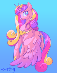 Size: 1594x2048 | Tagged: safe, artist:moormoorfrog, imported from derpibooru, princess cadance, alicorn, pony, female, gradient background, hoof shoes, horn, mare, princess shoes, signature, solo, tail, wings