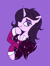 Size: 915x1184 | Tagged: safe, artist:moormoorfrog, imported from derpibooru, oc, oc only, pony, unicorn, clothes, commission, horn, purple background, simple background, smiling, solo, unicorn oc, watermark