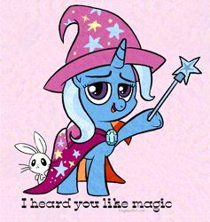 Size: 2410x2540 | Tagged: safe, artist:amynewblue, imported from derpibooru, angel bunny, trixie, pony, rabbit, unicorn, animal, blue mane, blue pony, cape, clothes, duo, hat, horn, lesbian pride flag, magic wand, pink background, pride, pride flag, purple eyes, simple background, song reference, trixie's cape, trixie's hat