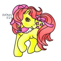 Size: 1500x1500 | Tagged: safe, artist:duckles129, imported from derpibooru, apple bloom, earth pony, pony, apple bloom's bow, bow, female, foal, g1, g4 to g1, generation leap, hair bow, mare, older, older apple bloom, raised hoof, signature, simple background, solo, tail, tail bow, white background