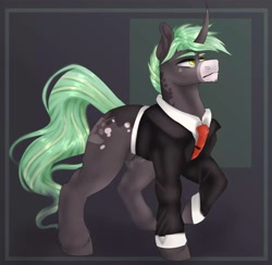 Size: 1959x1911 | Tagged: safe, artist:charlotte38, imported from derpibooru, oc, oc only, pony, unicorn, clothes, curved horn, horn, male, necktie, nudity, sheath, solo, stallion