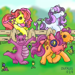 Size: 1500x1500 | Tagged: safe, artist:duckles129, imported from derpibooru, apple bloom, scootaloo, spike, sweetie belle, dragon, earth pony, pegasus, pony, unicorn, apple bloom's bow, bow, cape, clothes, cutie mark crusaders, female, fence, flower, g1, g4 to g1, generation leap, hair bow, horn, looking at you, male, mare, older, older apple bloom, older scootaloo, older sweetie belle, outdoors, smiling, spread wings, tail, tail bow, winged spike, wings