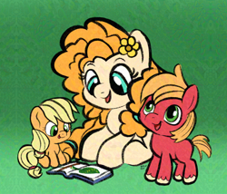 Size: 2490x2130 | Tagged: safe, artist:amynewblue, imported from derpibooru, apple bloom, applejack, big macintosh, granny smith, pear butter, earth pony, pony, apple family, apple family member, family, female, filly, filly applejack, filly big macintosh, flower, flower in hair, foal, green background, mother, reading, simple background, sketch, younger