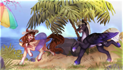 Size: 1180x677 | Tagged: safe, artist:charlotte38, imported from derpibooru, oc, oc only, oc:charlotte, pegasus, pony, butt, duo, female, male, mare, nudity, plot, sheath, stallion