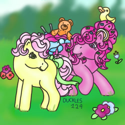 Size: 1500x1500 | Tagged: safe, artist:duckles129, imported from derpibooru, li'l cheese, pinkie pie, earth pony, pony, the last problem, bow, colt, duo, duo male and female, female, flower, foal, g1, g4 to g1, generation leap, male, mare, mother and child, mother and son, outdoors, plushie, rubber duck, signature, tail, tail bow, teddy bear