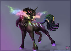 Size: 1280x922 | Tagged: safe, artist:charlotte38, imported from derpibooru, oc, oc only, pony, unicorn, collar, horn, male, nudity, sheath, solo, spiked collar, stallion