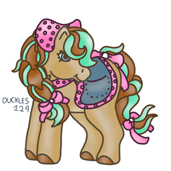 Size: 1500x1500 | Tagged: safe, artist:duckles129, imported from derpibooru, horse, bow, choker, clothes, cocoa (wild manes), female, g1, hair bow, headscarf, hooves, mare, saddle, scarf, signature, simple background, solo, style emulation, tack, tail, tail bow, white background, wild manes