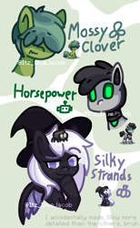 Size: 1380x2237 | Tagged: safe, artist:itz_bluejacob, derpibooru exclusive, imported from derpibooru, oc, oc only, oc:horsepower, oc:mossy clover, oc:silky strands (itz bluejacob), bat pony, earth pony, pony, robot, robot pony, spider, pony town, :3, bat wings, clover, hair over eyes, hat, newbie artist training grounds, pumpkin, shy, simple background, smiling, smug, smug smile, watermark, white background, wings, witch, witch hat