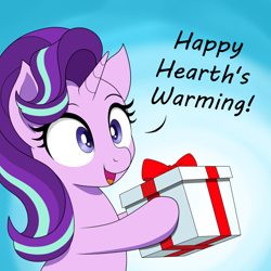 Size: 1500x1500 | Tagged: safe, artist:vomitvomiting, imported from derpibooru, starlight glimmer, pony, unicorn, gradient background, hearth's warming, horn, open mouth, open smile, smiling, solo, text