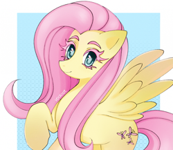 Size: 2059x1789 | Tagged: safe, artist:ypalcat, imported from derpibooru, fluttershy, pegasus, pony, abstract background, female, mare, no more ponies at source, passepartout, raised hoof, signature, smiling, solo, spread wings, three quarter view, wings