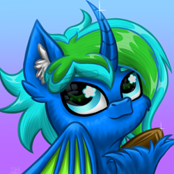 Size: 3000x3000 | Tagged: safe, artist:sunamoonmlp, derpibooru exclusive, imported from derpibooru, oc, oc only, oc:azure melody, alicorn, pony, bat wings, bust, cheek fluff, commission, cute, ear fluff, hoof fluff, horn, male, pfp, portrait, raised hoof, smiling, stallion, wings