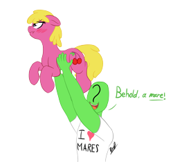 Size: 1702x1590 | Tagged: safe, artist:ricy, cherry berry, oc, oc:anon, earth pony, human, pony, blushing, clothes, dialogue, female, grumpy, lifting, scrunchy face, shirt, simple background, t-shirt, transparent background, upsies