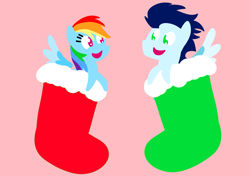 Size: 3553x2499 | Tagged: safe, anonymous artist, derpibooru exclusive, imported from derpibooru, rainbow dash, soarin', pegasus, pony, series:soarindash hearth's warming, series:soarindash romantic tales, christmas, clothes, female, hearth's warming, holiday, looking at each other, looking at someone, male, mare, pointy ponies, shipping, smiling, smiling at each other, soarindash, socks, stallion, straight