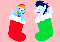 Size: 3536x2498 | Tagged: safe, anonymous artist, derpibooru exclusive, imported from derpibooru, rainbow dash, soarin', pegasus, pony, series:soarindash hearth's warming, series:soarindash romantic tales, christmas, clothes, female, hearth's warming, holiday, looking at each other, looking at someone, male, mare, pointy ponies, shipping, smiling, smiling at each other, soarindash, socks, stallion, straight