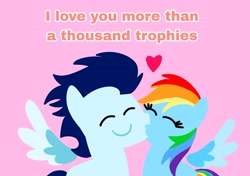 Size: 3553x2499 | Tagged: safe, anonymous artist, derpibooru exclusive, imported from derpibooru, rainbow dash, soarin', pegasus, pony, series:soarindash relationship, series:soarindash romantic tales, cheek kiss, eyes closed, female, kissing, male, mare, pointy ponies, shipping, smiling, soarindash, stallion, straight, text