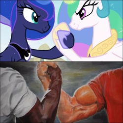 Size: 4096x4096 | Tagged: safe, artist:trrrebleee, artist:trrriple0dds, imported from derpibooru, screencap, princess celestia, princess luna, alicorn, pony, between dark and dawn, duo, handshake, hoofshake, meme, my little pony, ponified, ponified meme