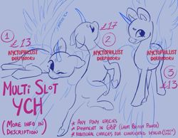 Size: 1800x1400 | Tagged: safe, artist:nyctophilist, derpibooru exclusive, imported from derpibooru, alicorn, pegasus, pony, unicorn, commission, ears, ears up, floating, floppy ears, flying, horn, lying down, multislot, multislot ych, sketch, smiling, standing, ych example, ych sketch, your character here