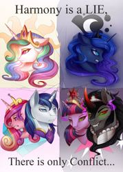 Size: 2000x2800 | Tagged: safe, artist:evehly, imported from derpibooru, king sombra, nightmare moon, princess cadance, princess celestia, princess luna, shining armor, twilight sparkle, alicorn, pony, unicorn, alicorn tetrarchy, alternate universe, angry, bevor, big crown thingy 2.0, broken, corrupted, corrupted element of harmony, corrupted element of magic, corrupted twilight sparkle, crown, crying, dark magic, dark queen, dark twilight, dark twilight sparkle, darklight, darklight sparkle, element of magic, eyeshadow, female, floppy ears, frown, glare, glowing, glowing eyes, grin, gritted teeth, horn, jewelry, magic, makeup, male, mare, nightmare luna, queen twilight, queen twilight sparkle, reference, regalia, shipping, sith, slit pupils, smiling, smirk, sombra eyes, stallion, star wars, straight, teeth, tiara, twibra, twilight is anakin, twilight sparkle (alicorn), tyrant sparkle