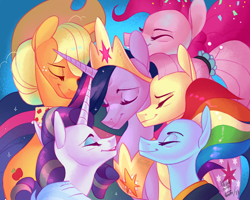 Size: 1024x820 | Tagged: safe, artist:eeviart, imported from derpibooru, applejack, fluttershy, pinkie pie, rainbow dash, rarity, twilight sparkle, alicorn, earth pony, pegasus, pony, unicorn, the last problem, end of g4, end of ponies, eyes closed, female, horn, mane six, mare, my little pony, older, older applejack, older fluttershy, older mane six, older pinkie pie, older rainbow dash, older rarity, older twilight, older twilight sparkle (alicorn), princess twilight 2.0, twilight sparkle (alicorn)