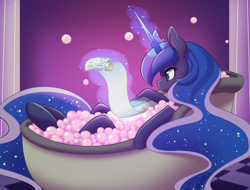 Size: 2100x1600 | Tagged: safe, artist:duskyamore, imported from derpibooru, princess luna, alicorn, pony, annoyed, bath, bathtub, bubble bath, claw foot bathtub, female, mare, scroll, solo, working