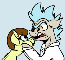 Size: 2546x2355 | Tagged: safe, artist:witchtaunter, imported from derpibooru, pony morty, pony rick, earth pony, pony, grannies gone wild, spoiler:s08e05, cheek squish, clothes, colt, foal, looking at each other, looking at someone, male, morty smith, my little pony, ponified, rick and morty, rick sanchez, simple background, squishy cheeks, stallion, that was fast