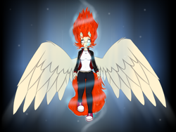 Size: 4500x3375 | Tagged: safe, artist:raw16, imported from derpibooru, oc, oc:ray muller, anthro, pegasus, aura, belly, belt, breasts, brow piercing, clothes, coat, denim, ear piercing, eyeshadow, female, floating hair, floating wings, flying, force, glowing pendant, illustration, jacket, jeans, jewelry, leather, leather jacket, longsleeve, looking at something, looking up, lore, makeup, nowhere, open mouth, pants, pendant, piercing, plaid shirt, ponytail, red hair, shirt, shock, shocked, shocked eyes, shoes, shrunken pupils, simple background, sneakers, soar, solo, solo female, spread wings, t-shirt, tattoo, weightlessness, wings