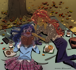 Size: 1024x939 | Tagged: safe, alternate version, artist:5mmumm5, imported from derpibooru, sci-twi, sunset shimmer, twilight sparkle, human, equestria girls, anime, autumn, book, clothes, coffee cup, cup, cute, donut, duo, female, food, glasses, leaves, lesbian, pants, phone, plaid, plaid skirt, pleated skirt, sci-twishimmer, shipping, skirt, sunsetsparkle, tree