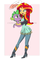 Size: 2116x2835 | Tagged: safe, artist:chibicmps, imported from derpibooru, spike, sunset shimmer, dragon, human, equestria girls, cute, duo, female, holding, male, request, shimmerbetes, spikabetes, spikelove