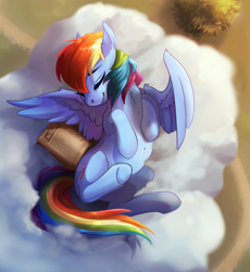 Size: 2349x2553 | Tagged: safe, artist:csox, imported from derpibooru, rainbow dash, pegasus, pony, belly, book, chest fluff, cloud, cute, dashabetes, ear fluff, eyes closed, female, lying down, mare, on back, sleeping, smiling, solo