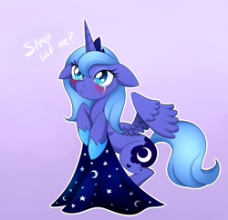 Size: 2488x2410 | Tagged: safe, artist:scarlet-spectrum, imported from derpibooru, princess luna, pony, :t, bipedal, blanket, blushing, bronybait, crying, cute, female, filly, filly luna, floppy ears, foal, frown, hoof hold, looking up, lunabetes, pouting, s1 luna, solo, spread wings, tsundere, tsunderuna, wings, woona, younger