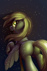 Size: 2000x3000 | Tagged: safe, artist:moonlitbrush, imported from derpibooru, derpy hooves, pegasus, pony, comic:derpy deliveries, fallout equestria, balefire bomb, bubble butt, butt, female, flying, frown, looking at you, looking back, mare, plot, reflection, spread wings, wide eyes, wings