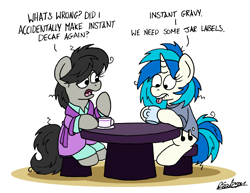 Size: 2192x1696 | Tagged: safe, artist:bobthedalek, imported from derpibooru, dj pon-3, octavia melody, vinyl scratch, earth pony, pony, unicorn, bathrobe, bed mane, chair, clothes, cup, duo, female, horn, mare, messy mane, morning ponies, pajamas, robe, saucer, table, teacup, tongue out