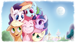 Size: 2440x1373 | Tagged: safe, artist:sea-maas, imported from derpibooru, applejack, fluttershy, pinkie pie, rainbow dash, rarity, twilight sparkle, earth pony, pegasus, pony, unicorn, commission, crying, female, group, happy, horn, joy, mane six, mare, moon, pink side of the moon, ponyville, sextet, smiling, tears of joy, thumbnail