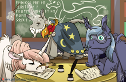 Size: 2229x1440 | Tagged: safe, artist:inuhoshi-to-darkpen, imported from derpibooru, philomena, princess celestia, princess luna, star swirl the bearded, alicorn, classical unicorn, phoenix, pony, unicorn, windigo, bored, chalkboard, cloven hooves, disguise, ear fluff, elder futhark, eyes closed, feathered fetlocks, female, fluffy, glowing, glowing horn, goggles, horn, ink, leonine tail, levitation, magic, male, mare, old ponish, parchment, pink-mane celestia, quill, royal sisters, runes, s1 luna, seems legit, siblings, sisters, sleep mask, sleeping, stallion, tail, telekinesis, trio, unshorn fetlocks, wings, writing, written equestrian, younger